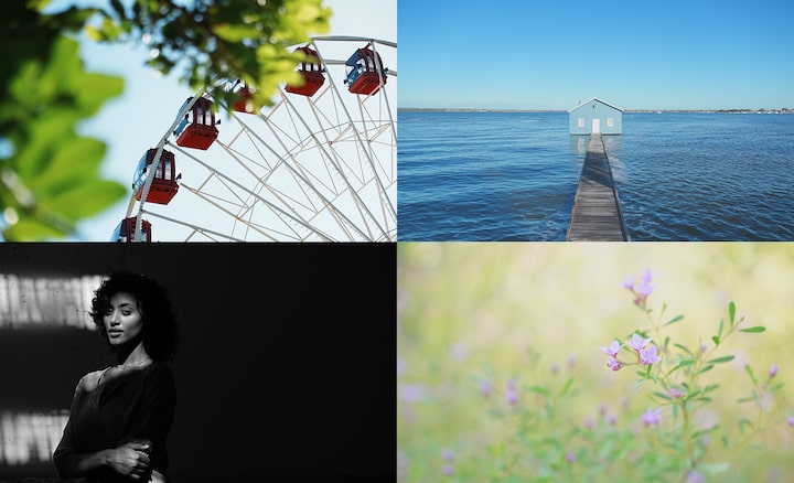 4 образца фотографий Creative look: колесо обозрения, лодочная станция, портрет женщины, макроизображение полевых цветов